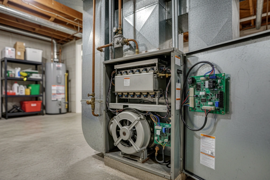 The clean interior of a newly installed furnace in a Tulsa home.