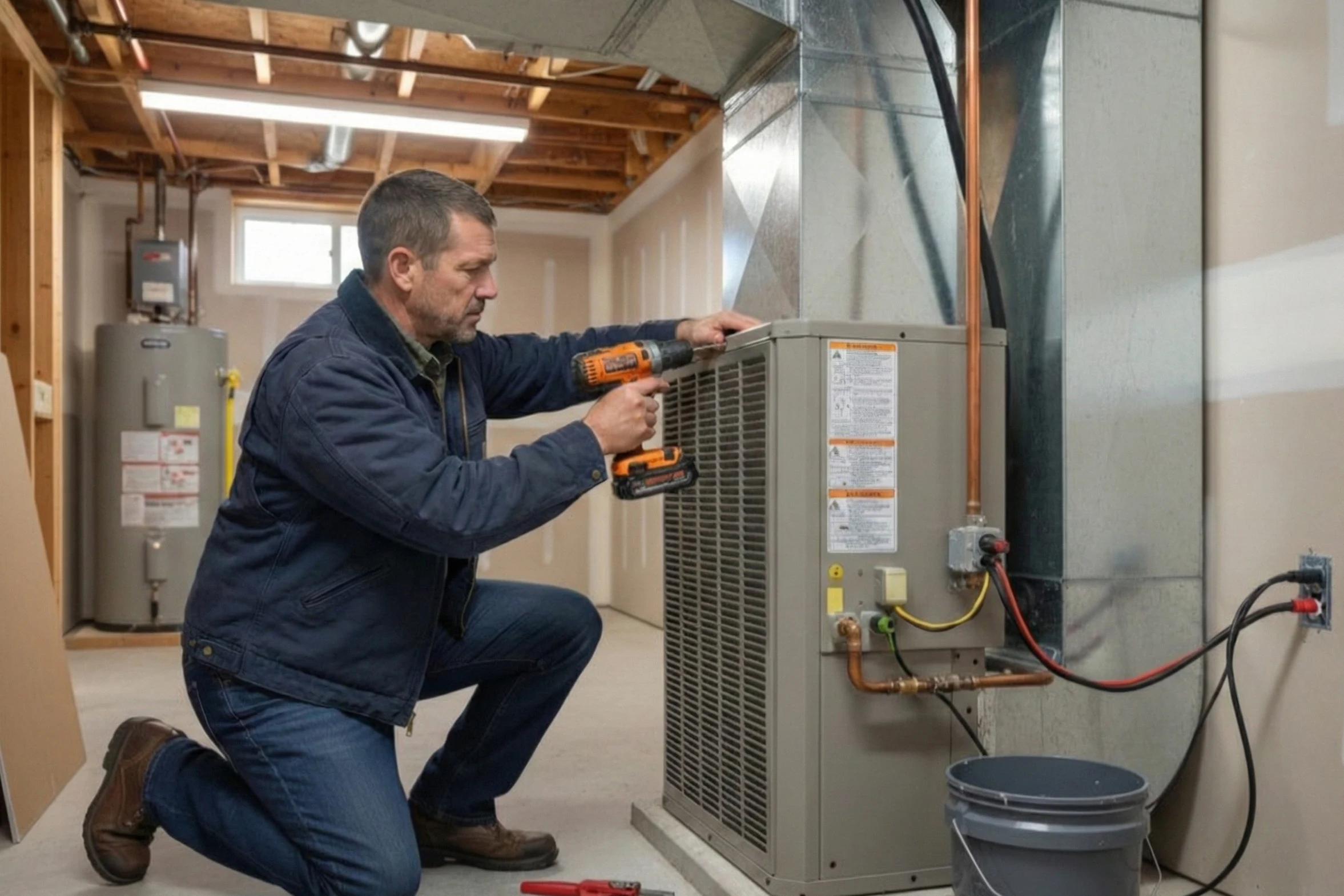 Air Dynamics owner performing a new air conditioner installation in a Tulsa home's basement.